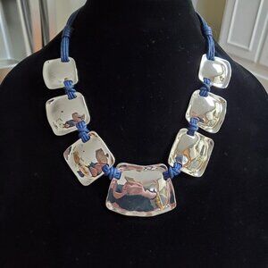 St. Thomas Silver Costume Necklace w/Navy Blue Cord
